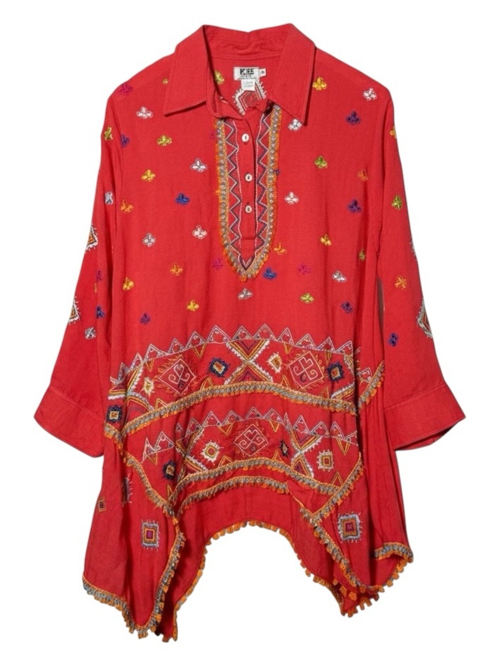 Pong Poco LTD. Fire Orange Embroidered  Asymmetric Tunic‎ Top Cotton Medium